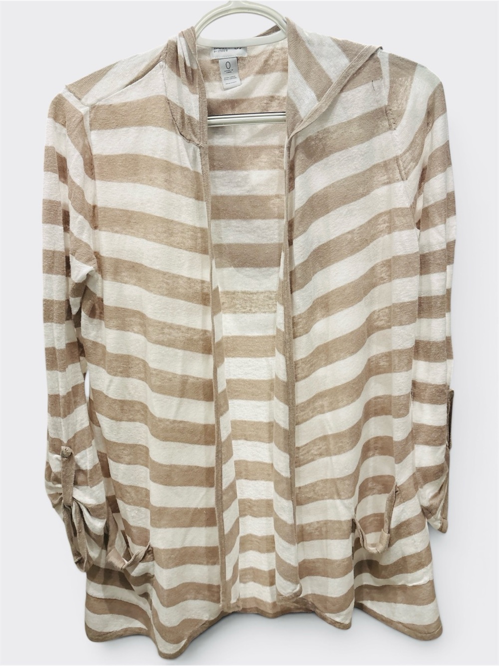Zenergy by Chicos Light Brown and White Striped Hooded Open Lightweight Cardigan
